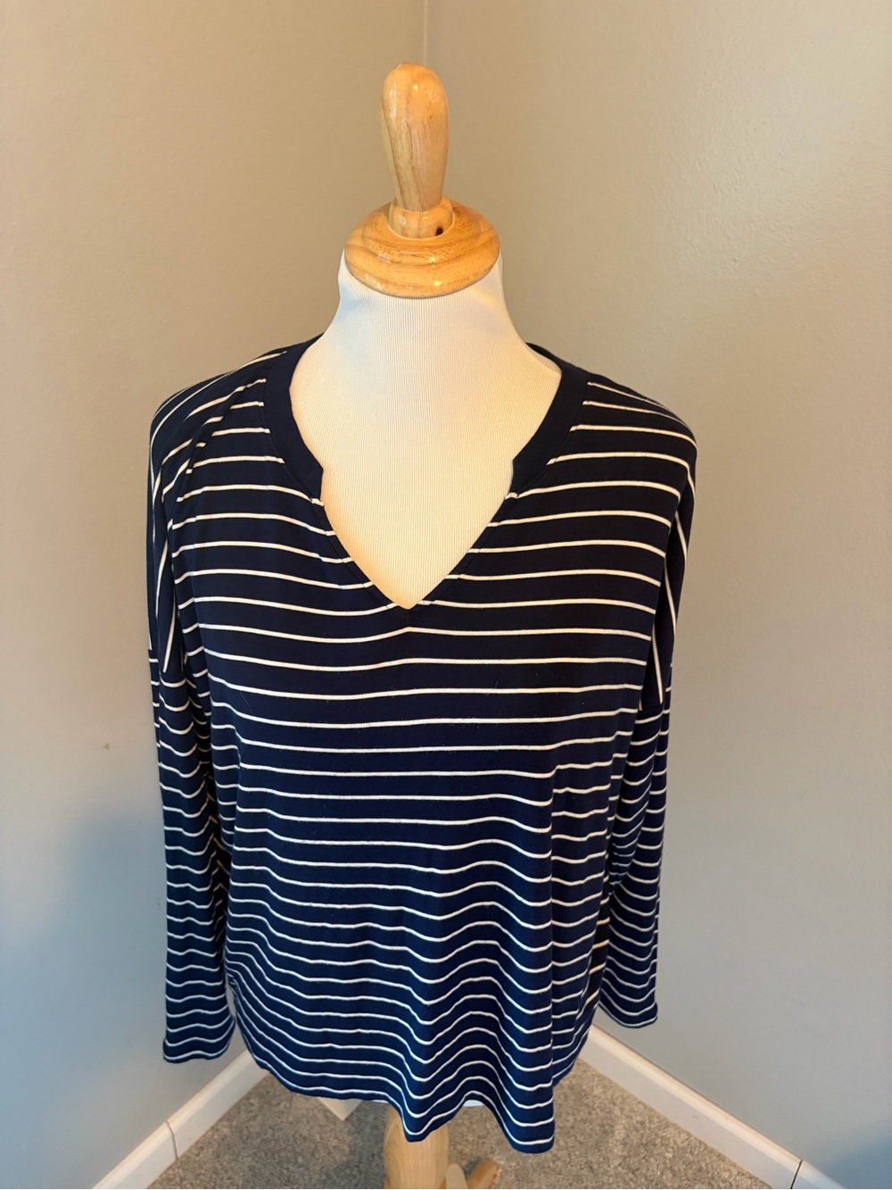 CAbi Navy and White Striped V-Neck Long Sleeve Ahoy Top #5556